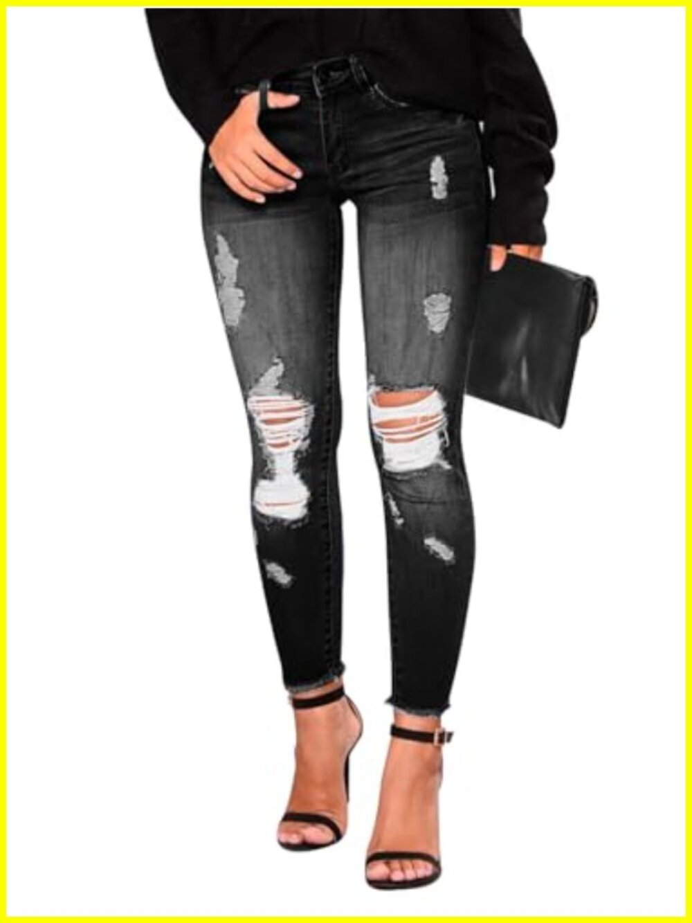 Women's Skinny Ripped Distressed Stretchy Denim Jeans Mid Rise Tassel Hem